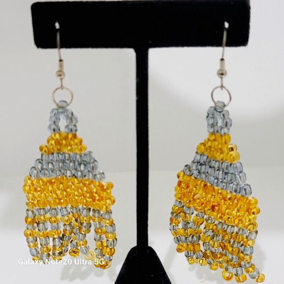 Boho Style Pyramid Tassel Czech Glass Beaded Dangle Earrings Gold and Silver - Picture 3 of 4